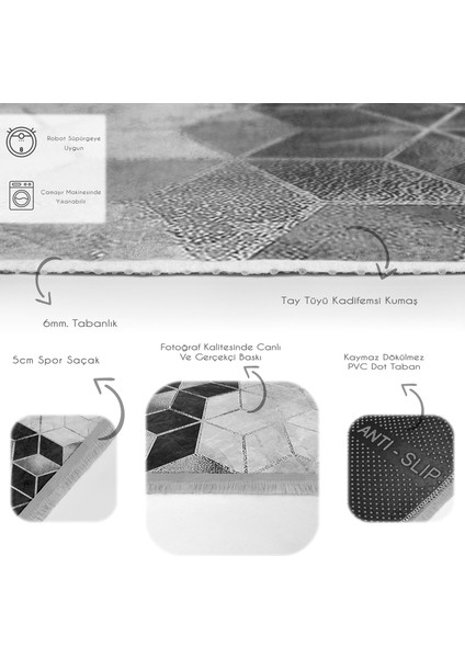 Siyah - Gri Zeminde Mozaik Motifli Mermer Desenli Geometrik Klasik Mutfak Banyo Dijital Baskılı Makinede Yıkanabilir Kaymaz Taban Saçaklı Halı