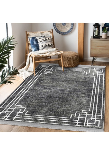 Füme Zeminde Çerçeveli Motifli Duvar Desenli Geometrik Eskitme Motifli Dijital Baskılı Makinede Yıkanabilir Kaymaz Taban Saçaklı Halı modelleri