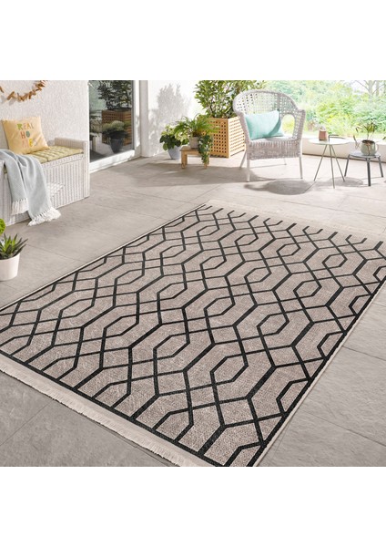 Kahverengi Zeminde Geometrik Motifli Örgü Desenli Geometrik Dijital Baskılı Makinede Yıkanabilir Kaymaz Taban Saçaklı Halı