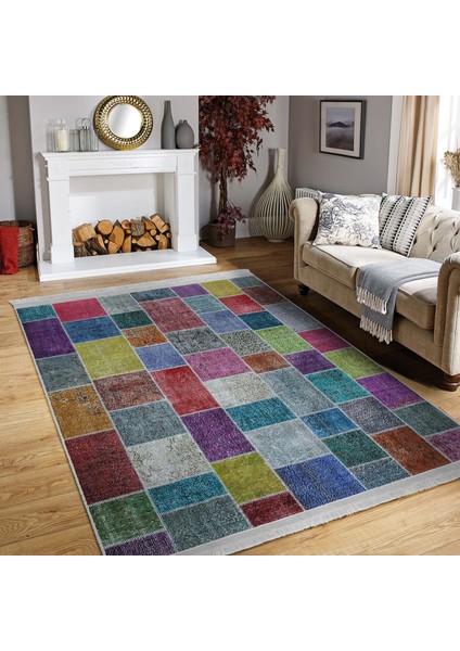 Yöresel Zeminde Patchwork Motifli Anadolu Desenli Vintage Klasik Dijital Baskılı Makinede Yıkanabilir Kaymaz Taban Saçaklı Halı