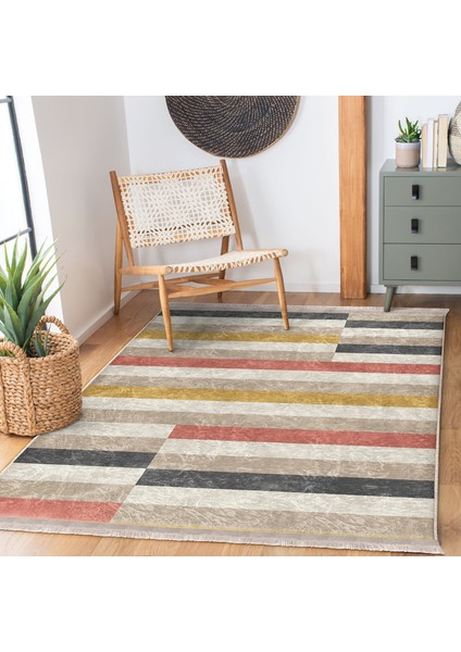Çok Renkli Zeminde Patchwork Motifli Kilim Desenli Geometrik Dijital Baskılı Makinede Yıkanabilir Kaymaz Taban Saçaklı Halı