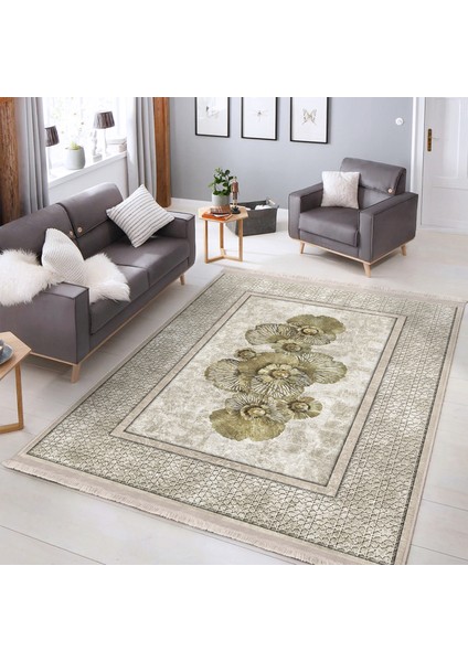 Krem - Gold Zeminde Altık Çiçek Motifli Çerçeve Desenli Vintage Dijital Baskılı Makinede Yıkanabilir Kaymaz Taban Saçaklı Halı modelleri
