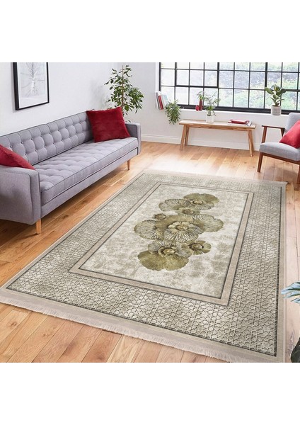 Krem - Gold Zeminde Altık Çiçek Motifli Çerçeve Desenli Vintage Dijital Baskılı Makinede Yıkanabilir Kaymaz Taban Saçaklı Halı indirimleri