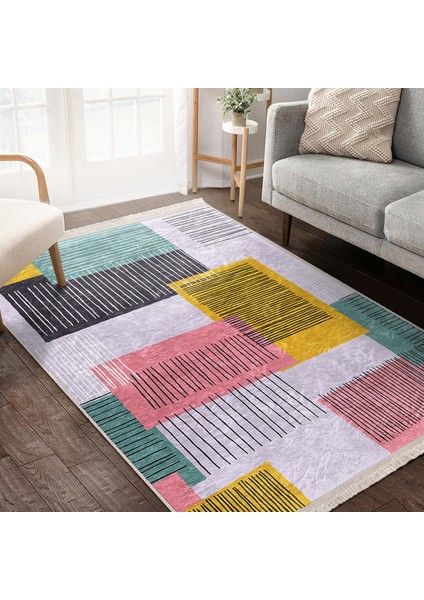 Pembe - Sarı Zeminde Geometrik Motifli Çizgili Desenli Geometrik Klasik Çocuk & Genç Odası Banyo Dijital Baskılı Makinede Yıkanabilir Kaymaz Taban Saçaklı Halı