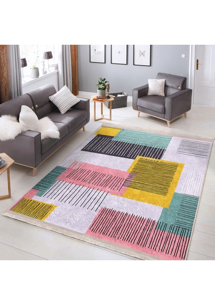 Pembe - Sarı Zeminde Geometrik Motifli Çizgili Desenli Geometrik Klasik Çocuk & Genç Odası Banyo Dijital Baskılı Makinede Yıkanabilir Kaymaz Taban Saçaklı Halı fiyatları