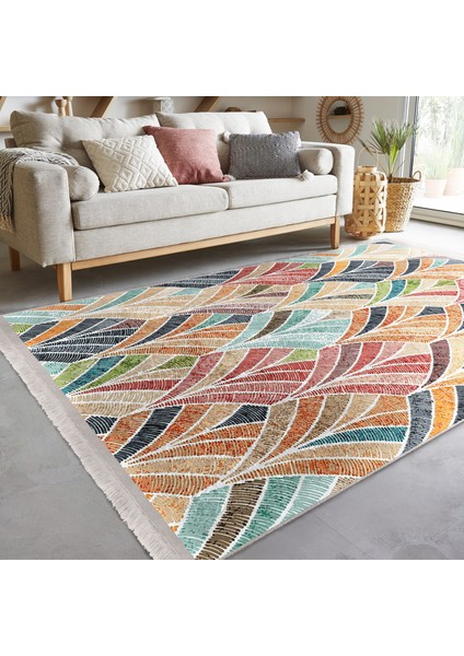 Çok Renkli Zeminde Patchwork Motifli Ikat Desenli Vintage Dijital Baskılı Makinede Yıkanabilir Kaymaz Taban Saçaklı Halı indirimleri