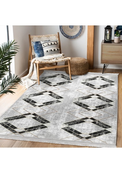 Siyah - Gri Zeminde Mermer Motifli Eskitme Desenli Geometrik Eskitme Motifli Dijital Baskılı Makinede Yıkanabilir Kaymaz Taban Saçaklı Halı