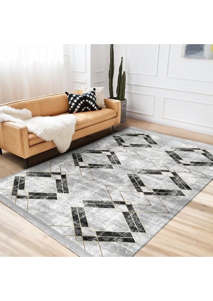 Siyah - Gri Zeminde Mermer Motifli Eskitme Desenli Geometrik Eskitme Motifli Dijital Baskılı Makinede Yıkanabilir Kaymaz Taban Saçaklı Halı