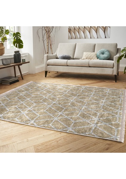 Krem Zeminde Geometrik Motifli Eskitme Desenli Geometrik Dijital Baskılı Makinede Yıkanabilir Kaymaz Taban Saçaklı Halı