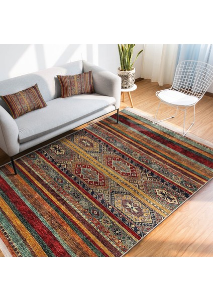 Kırmızı - Kahverengi Zeminde Geleneksel Motifli Kilim Desenli Vintage Etnik Motifler Dijital Baskılı Makinede Yıkanabilir Kaymaz Taban Saçaklı Halı