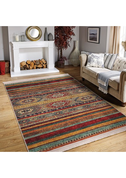 Kırmızı - Kahverengi Zeminde Geleneksel Motifli Kilim Desenli Vintage Etnik Motifler Dijital Baskılı Makinede Yıkanabilir Kaymaz Taban Saçaklı Halı