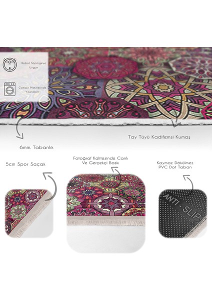 Kırmızı Zeminde Patchwork Motifli Geleneksel Desenli Geometrik Vintage Dijital Baskılı Makinede Yıkanabilir Kaymaz Taban Saçaklı Halı fırsatları