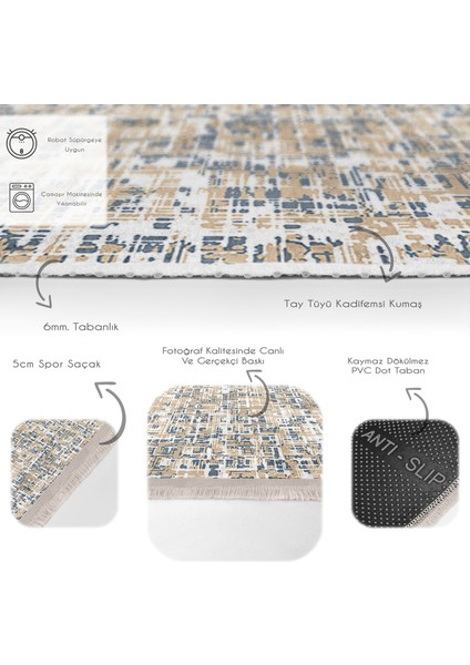 Krem - Mavi Zeminde Kanvas Motifli Fırça Darbeleri Desenli Eskitme Motifli Dijital Baskılı Makinede Yıkanabilir Kaymaz Taban Saçaklı Halı
