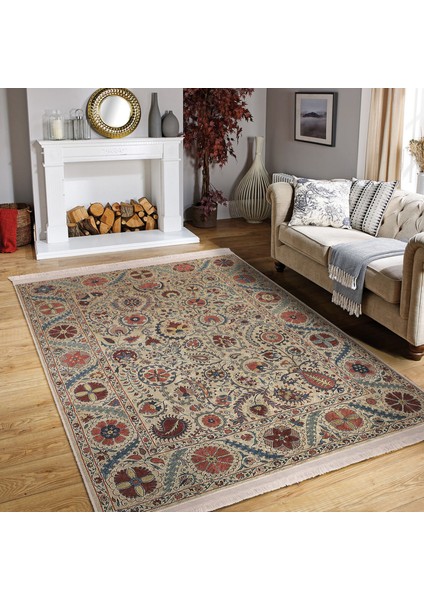 Krem Zeminde Hereke Motifli Kilim Desenli Etnik Motifler Avangarde Dijital Baskılı Makinede Yıkanabilir Kaymaz Taban Saçaklı Halı