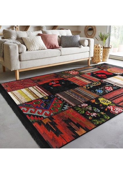 Siyah - Kırmızı Zeminde Patchwork Motifli Etnik Desenli Vintage Etnik Motifler Baskılı Makinede Yıkanabilir Kaymaz Taban Saçaklı Halı fiyatları