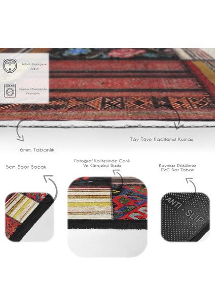 Siyah - Kırmızı Zeminde Patchwork Motifli Etnik Desenli Vintage Etnik Motifler Baskılı Makinede Yıkanabilir Kaymaz Taban Saçaklı Halı fırsatları