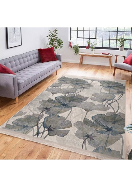 Ekru - Gri Zeminde Yağlıboya Motifli Çiçek Desenli Floral Vintage Dijital Baskılı Makinede Yıkanabilir Kaymaz Taban Saçaklı Halı