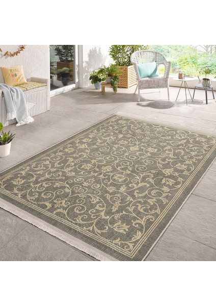 Krem - Gri Zeminde El Dokuma Motifli Antika Desenli Vintage Avangarde Dış Mekan & Outdoor Yatak Odası Dijital Baskılı Makinede Yıkanabilir Kaymaz Taban Saçaklı Halı fiyatları