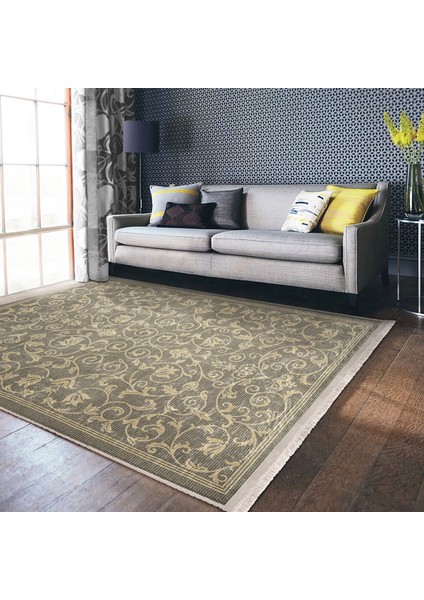 Krem - Gri Zeminde El Dokuma Motifli Antika Desenli Vintage Avangarde Dış Mekan & Outdoor Yatak Odası Dijital Baskılı Makinede Yıkanabilir Kaymaz Taban Saçaklı Halı modelleri