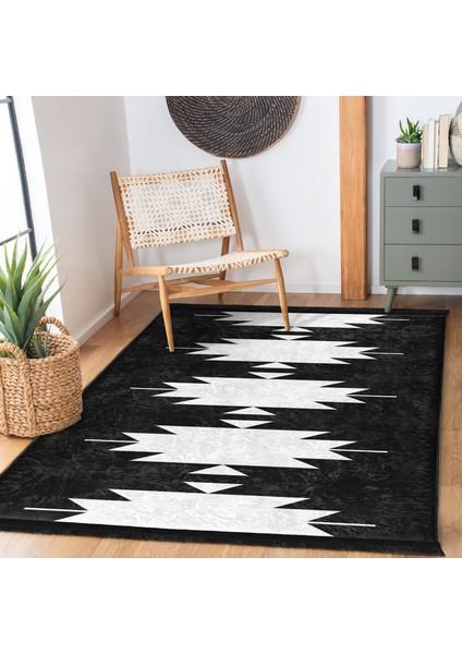Siyah Zeminde Tribal Motifli Kilim Desenli Etnik Motifler Geometrik Dijital Baskılı Makinede Yıkanabilir Kaymaz Taban Saçaklı Halı fiyatları