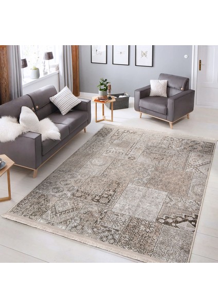 Krem Zeminde Patchwork Motifli Antik Desenli Etnik Motifler Vintage Dijital Baskılı Makinede Yıkanabilir Kaymaz Taban Saçaklı Halı