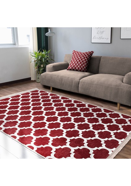 Bordo Zeminde Ogea Motifli Morrocan Desenli Geometrik Klasik Dijital Baskılı Makinede Yıkanabilir Kaymaz Taban Saçaklı Halı indirimleri