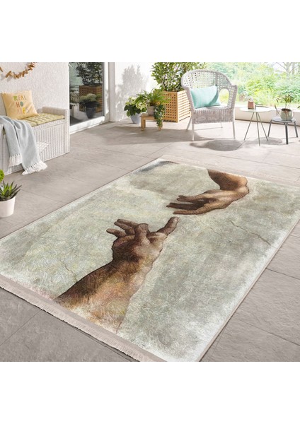 Zeminde Yağlıboya Motifli Michelangelo Isa'nın Dokunuşu Tablo Desenli Vintage Dijital Baskılı Makinede Yıkanabilir Kaymaz Taban Saçaklı Halı indirimleri