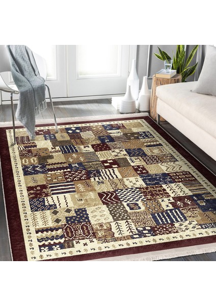 Kahverengi Zeminde Patchwork Motifli Etnik Desenli Vintage Etnik Motifler Dijital Baskılı Makinede Yıkanabilir Kaymaz Taban Saçaklı Halı