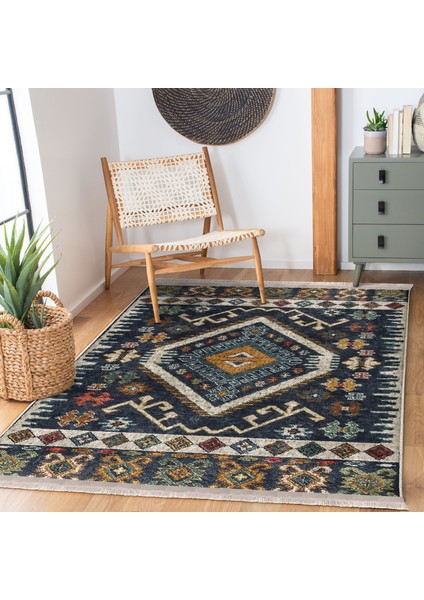 Lacivert Zeminde Kilim Motifli Baklava Desenli Etnik Motifler Vintage  Dijital Baskılı Makinede Yıkanabilir Kaymaz Taban Saçaklı Halı