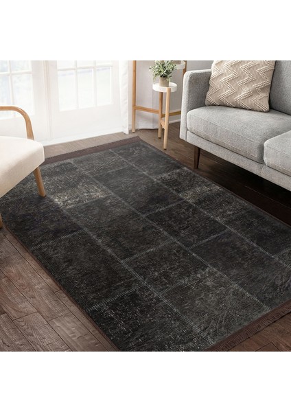 Kahverengi Zeminde Patchwork Motifli Geleneksel Desenli Vintage Klasik Dijital Baskılı Makinede Yıkanabilir Kaymaz Taban Saçaklı Halı