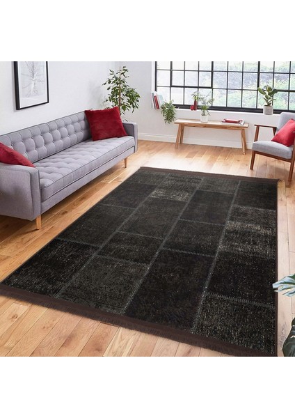 Kahverengi Zeminde Patchwork Motifli Geleneksel Desenli Vintage Klasik Dijital Baskılı Makinede Yıkanabilir Kaymaz Taban Saçaklı Halı modelleri