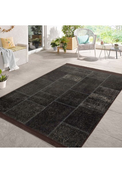 Kahverengi Zeminde Patchwork Motifli Geleneksel Desenli Vintage Klasik Dijital Baskılı Makinede Yıkanabilir Kaymaz Taban Saçaklı Halı indirimleri
