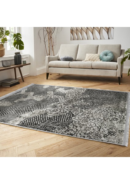 Gri Zeminde Eskitme Motifli Geometrik Desenli Vintage Geometrik Salon & Oturma Odası Yatak Odası Dijital Baskılı Makinede Yıkanabilir Kaymaz Taban Saçaklı Halı