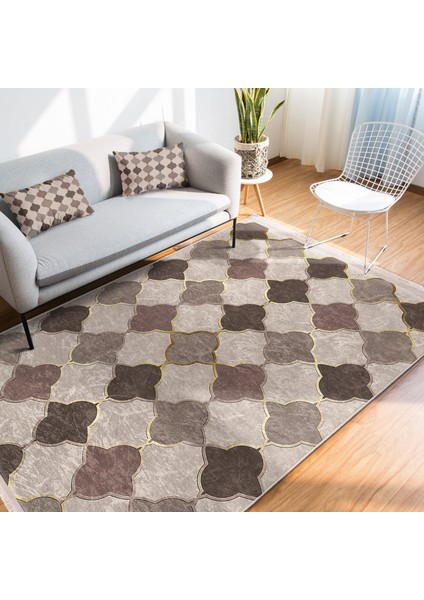 Kahverengi - Bej Zeminde Morrocan Motifli Etnik Desenli Geometrik Dijital Baskılı Makinede Yıkanabilir Kaymaz Taban Saçaklı Halı modelleri
