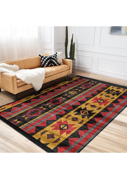 Siyah Zeminde Geometrik Motifli Kilim Desenli Etnik Motifler Vintage Dijital Baskılı Makinede Yıkanabilir Kaymaz Taban Saçaklı Halı