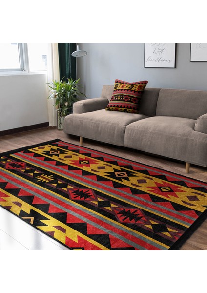 Siyah Zeminde Geometrik Motifli Kilim Desenli Etnik Motifler Vintage Dijital Baskılı Makinede Yıkanabilir Kaymaz Taban Saçaklı Halı fiyatları