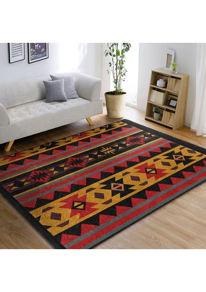 Siyah Zeminde Geometrik Motifli Kilim Desenli Etnik Motifler Vintage Dijital Baskılı Makinede Yıkanabilir Kaymaz Taban Saçaklı Halı modelleri