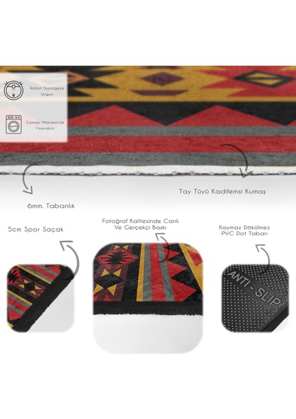 Siyah Zeminde Geometrik Motifli Kilim Desenli Etnik Motifler Vintage Dijital Baskılı Makinede Yıkanabilir Kaymaz Taban Saçaklı Halı fırsatları
