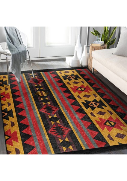 Siyah Zeminde Geometrik Motifli Kilim Desenli Etnik Motifler Vintage Dijital Baskılı Makinede Yıkanabilir Kaymaz Taban Saçaklı Halı indirimleri