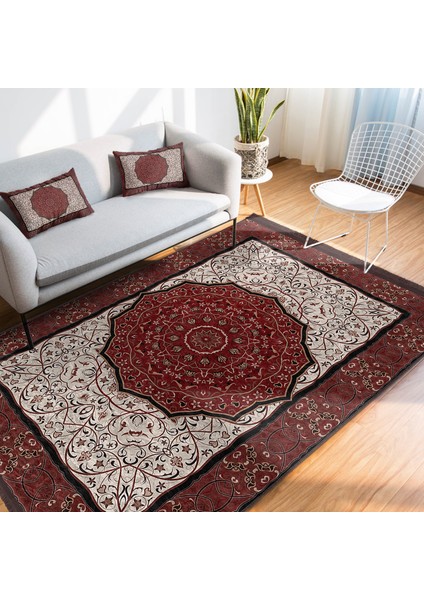 Kırmızı Zeminde Osmanlı Motifli Yöresel Desenli Avangarde Vintage Dijital Baskılı Makinede Yıkanabilir Kaymaz Taban Saçaklı Halı