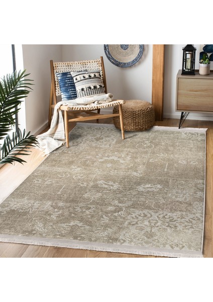 Bej Zeminde Patchwork Motifli Çiçek Desenli Eskitme Motifli Vintage Dijital Baskılı Makinede Yıkanabilir Kaymaz Taban Saçaklı Halı fiyatları