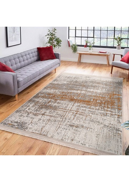 Renkli Zeminde Modern Motifli Halı Desenli Vintage Eskitme Motifli Dijital Baskılı Makinede Yıkanabilir Kaymaz Taban Saçaklı Halı