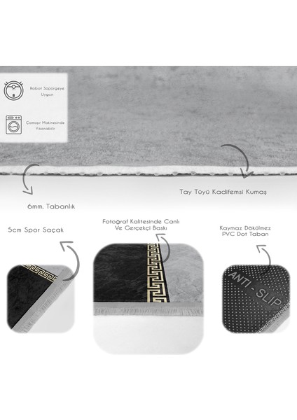 Gold - Siyah Zeminde Geometrik Motifli Klasik Desenli Geometrik  Dijital Baskılı Makinede Yıkanabilir Kaymaz Taban Saçaklı Halı