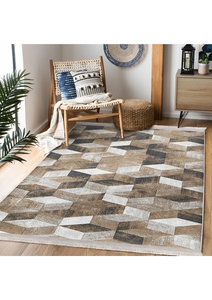 Kahverengi Zeminde Eskitme Motifli Geometrik Desenli Geometrik Dijital Baskılı Makinede Yıkanabilir Kaymaz Taban Saçaklı Halı