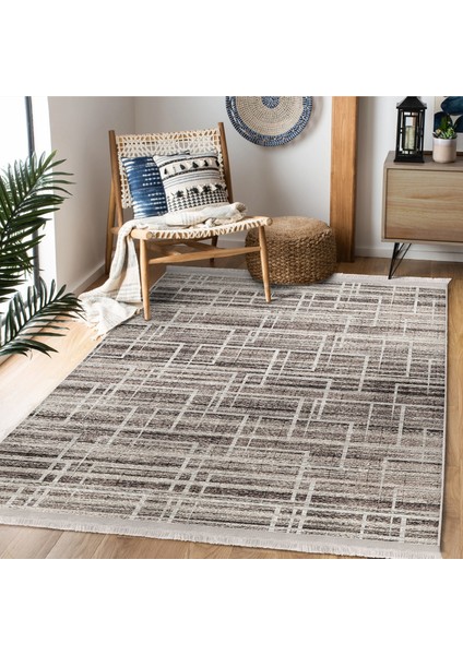 Krem - Bej Zeminde Geometrik Motifli Eskitme Desenli Geometrik Eskitme Motifli Baskılı Makinede Yıkanabilir Kaymaz Taban Saçaklı Halı indirimleri