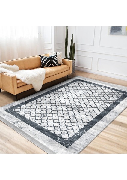 Gri Zeminde Çerçeveli Motifli Geometrik Desenli Geometrik Dijital Baskılı Makinede Yıkanabilir Kaymaz Taban Saçaklı Halı