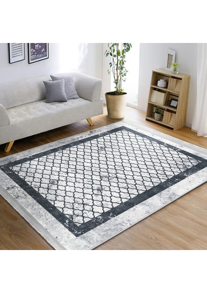 Gri Zeminde Çerçeveli Motifli Geometrik Desenli Geometrik Dijital Baskılı Makinede Yıkanabilir Kaymaz Taban Saçaklı Halı