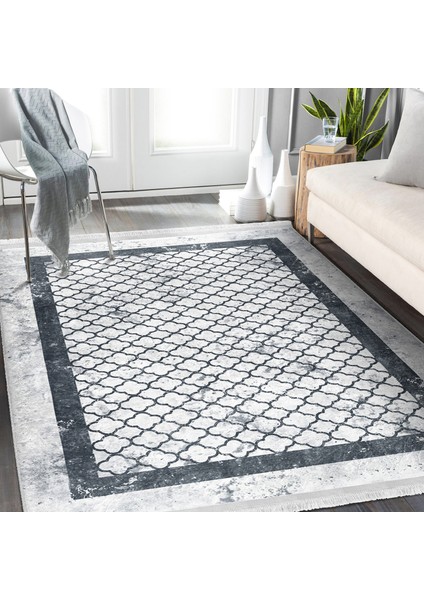 Gri Zeminde Çerçeveli Motifli Geometrik Desenli Geometrik Dijital Baskılı Makinede Yıkanabilir Kaymaz Taban Saçaklı Halı