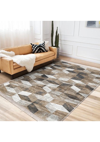 Kahverengi Zeminde Eskitme Motifli Geometrik Desenli Geometrik Dijital Baskılı Makinede Yıkanabilir Kaymaz Taban Saçaklı Halı indirimleri