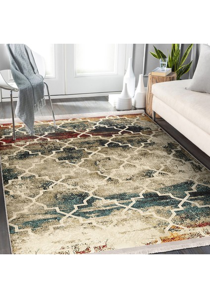 Krem Zeminde Morrocan Motifli Otantik Desenli Geometrik Eskitme Motifli Dijital Baskılı Makinede Yıkanabilir Kaymaz Taban Saçaklı Halı modelleri